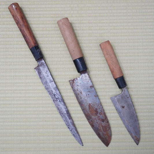3pc Japanese Vintage Knife Set Gyuto Santoku Deba Signed Used Sushi F-307