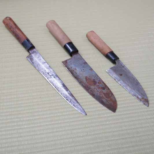 3pc Japanese Vintage Knife Set Gyuto Santoku Deba Signed Used Sushi F-307