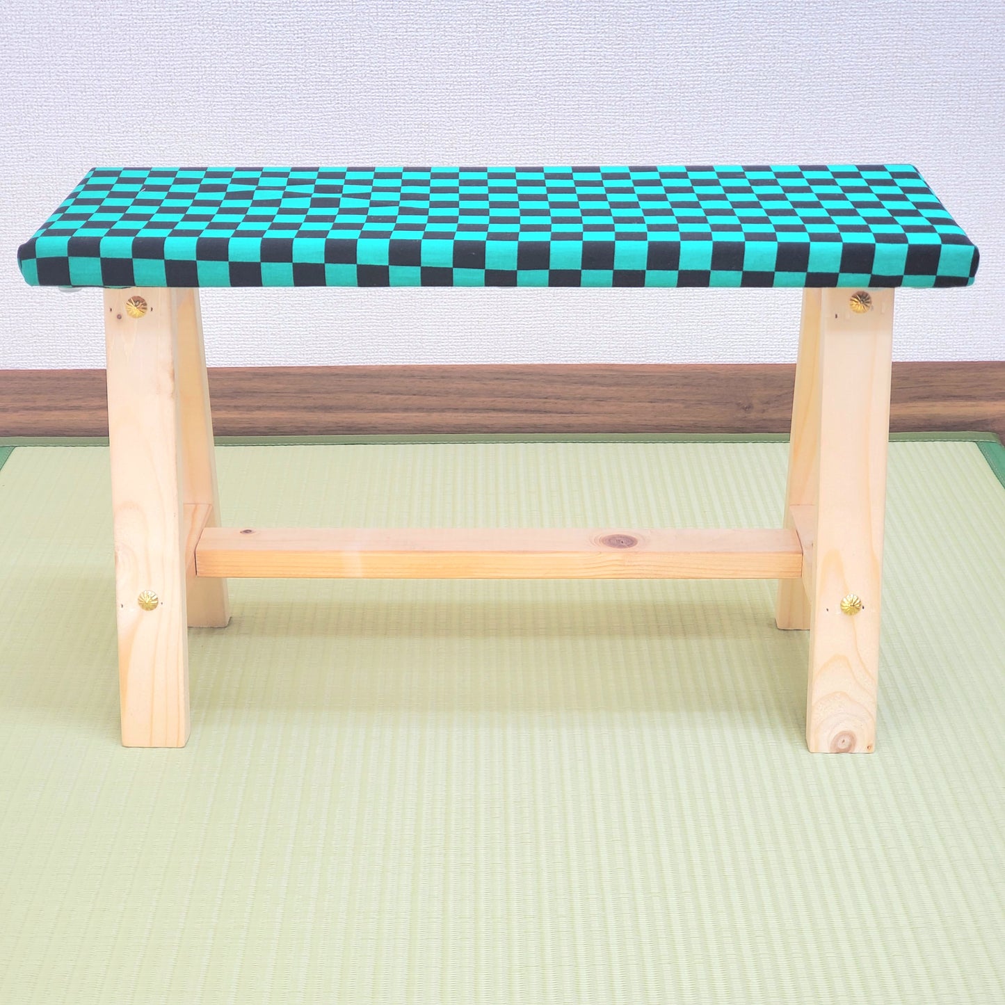 Ichimatsu Wagara Display Bench – Handmade Wood, Japanese Decor, Beeswax Finish