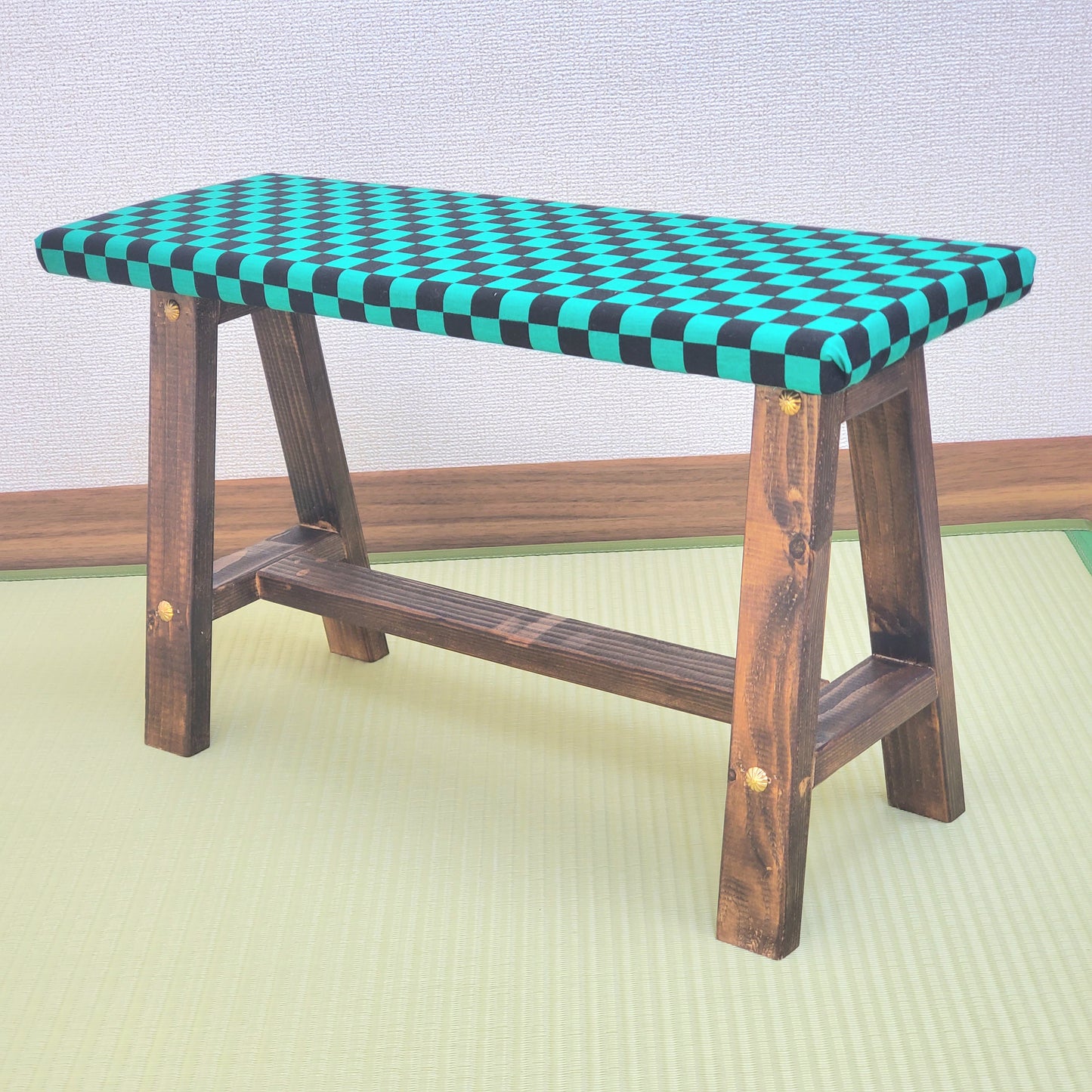 Ichimatsu Wagara Display Bench – Handmade Wood, Japanese Decor, Walnut Finish