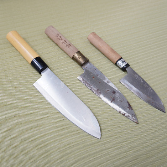 Sale! 3pc Japanese Vintage Knife Set Lightweight Santoku Deba Signed Sushi F-308