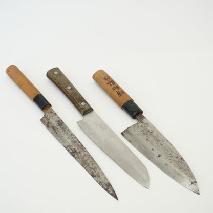 Japanese Used Kitchen Knife 3-Piece Set High Quality Vintage Sushi F-366