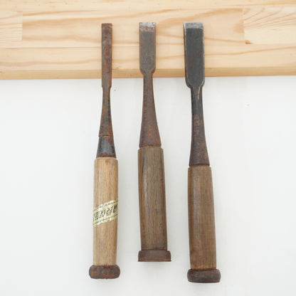 Vintage Damaged Japanese Wood Chisel Lot x3 Set Carpenter Tools From Japan K-318