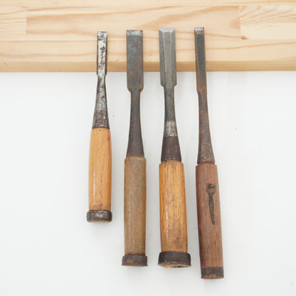 Vintage Damaged Japanese Wood Chisel Lot x4 Set Carpenter Tools From Japan K-319