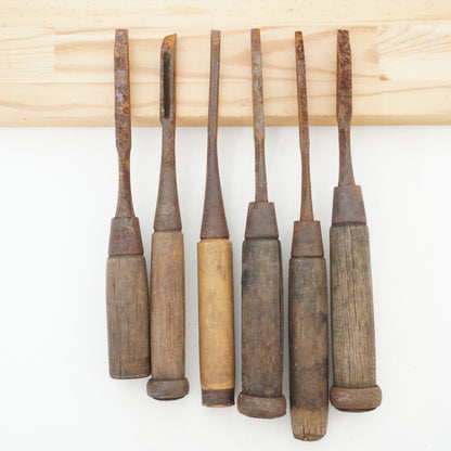 Vintage Damaged Japanese Wood Chisel Lot x6 Set Carpenter Tools From Japan K-321