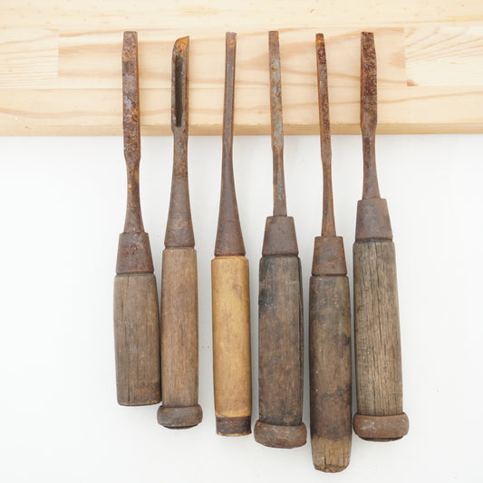 Vintage Damaged Japanese Wood Chisel Lot x6 Set Carpenter Tools From Japan K-321